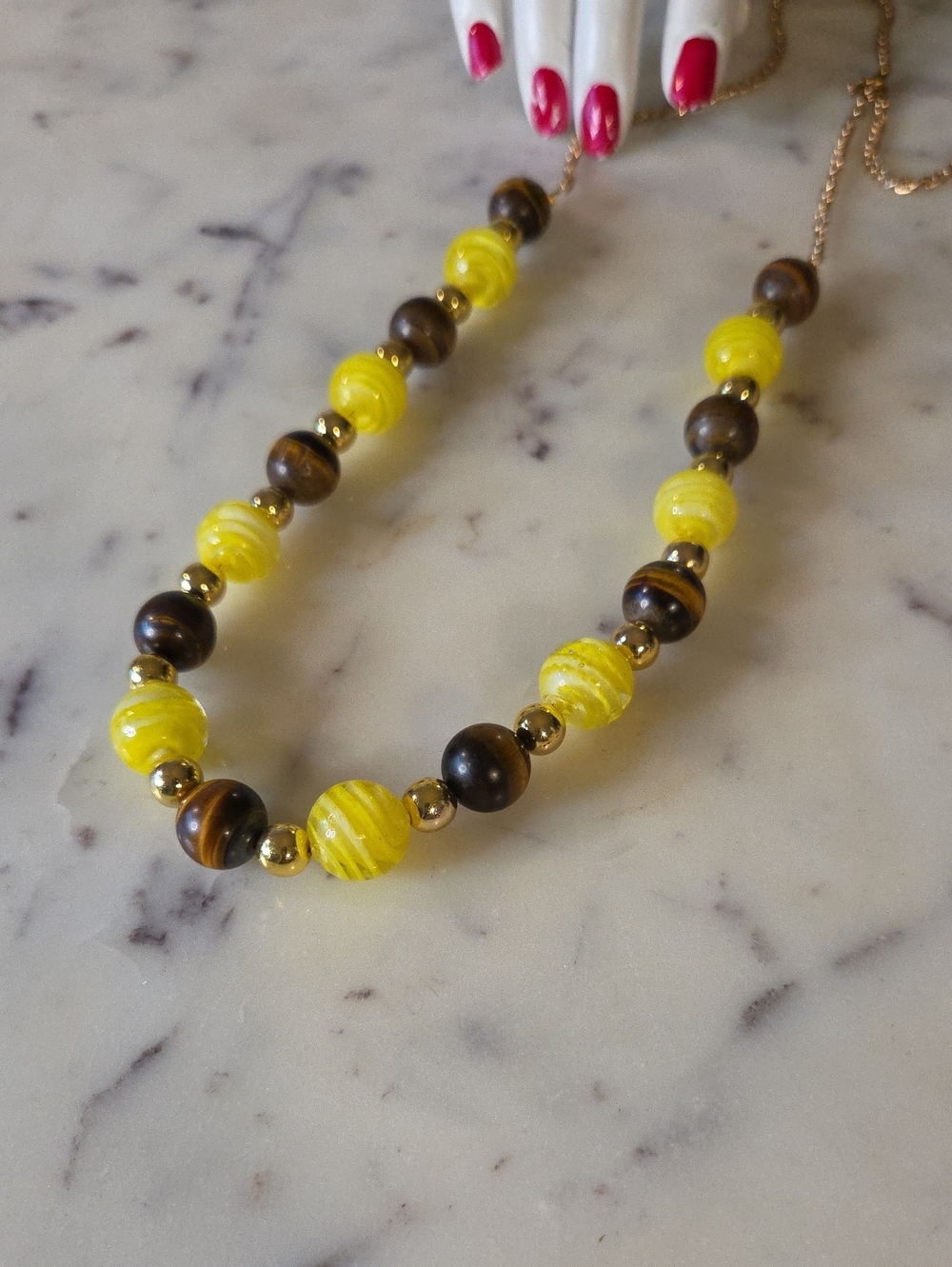 Vintg Tigers Eye | Yellow Swril Marbels | Goldtone Beads | Necklace 18-32"